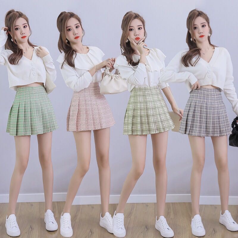 Korean Mini Skirt Preppy Plaid Rok Lipit Motif Kotak Kotak 2134 (S-XXL)