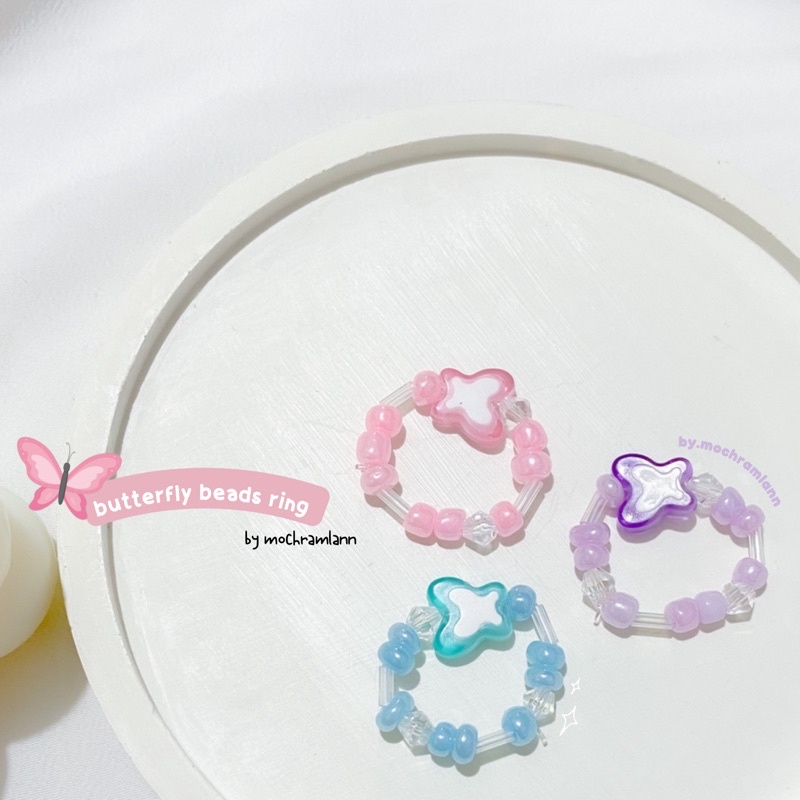 BUTERRFLY ACRILYC BEADS RING/ CINCIN MANIK KUPU ISI DOFF PUTIH / CINCIN KOREAN LOOK