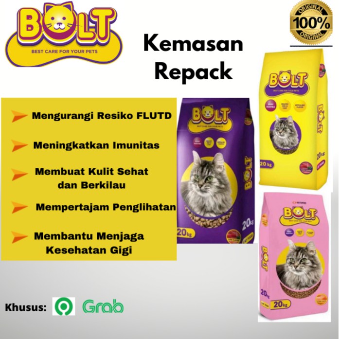 BOLT Makanan Kucing Repack Dry Cat Food Murah Kemasan KG rasa Tuna Salmon original PROMO ungu kuning