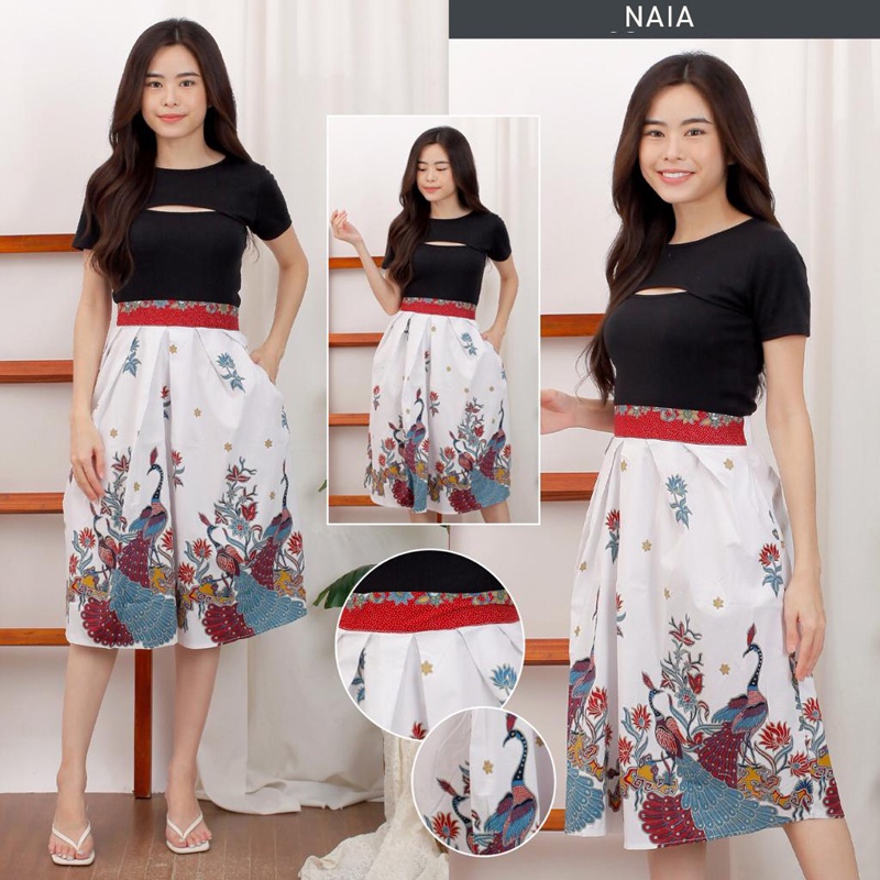 Evercloth Naia Rok Batik Wanita Selutut Bawahan Batik Perempuan Rok Cewek Batik 3/4 7/8 Rok Panjang Burung Hong Merah Putih