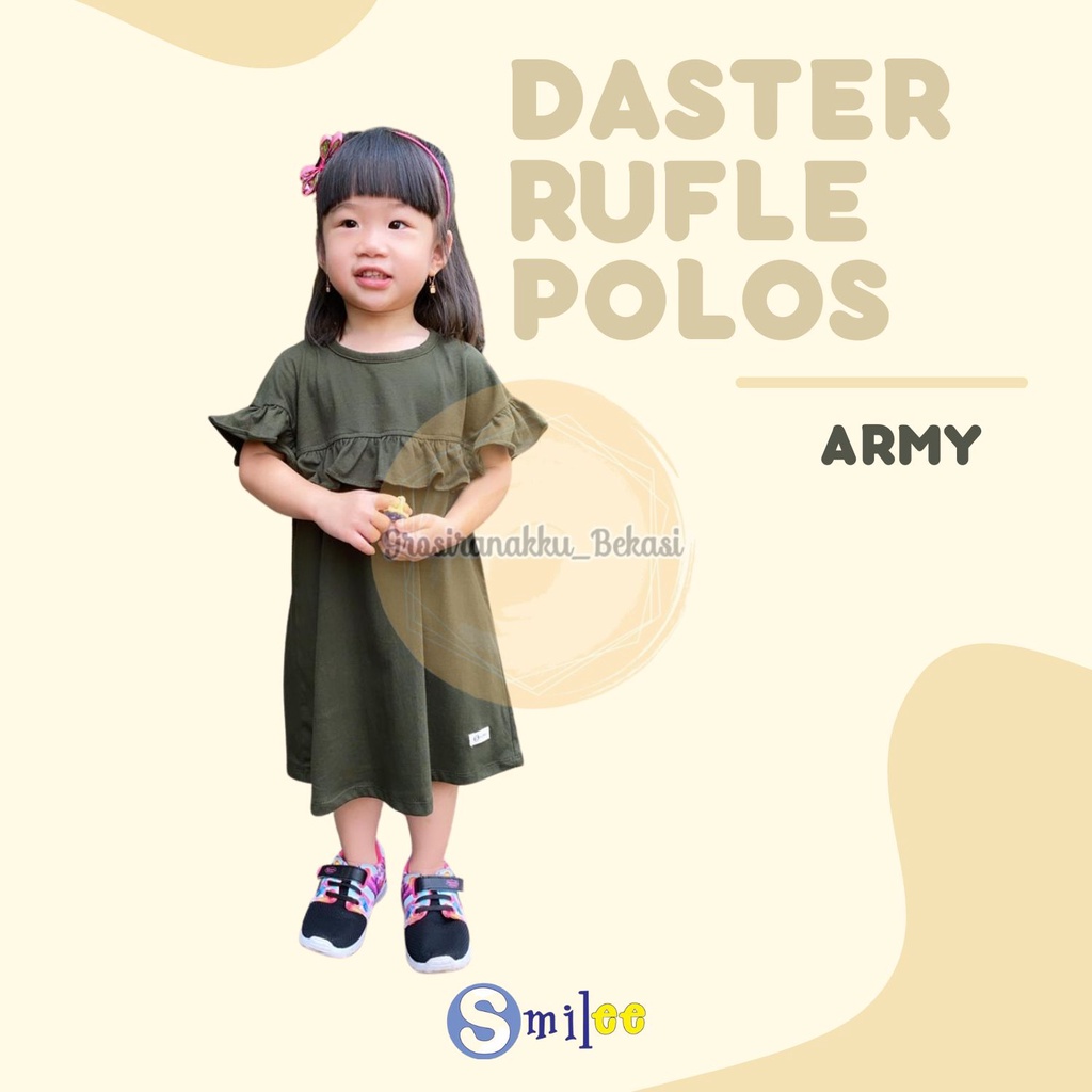 Daster Anak Rufel Polos Smilee Warna Hijau Army size 1-5thn