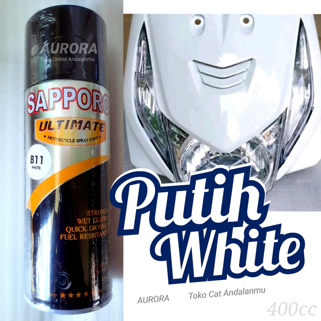 

Cat Putih Sapporo Ultimate White B11 Cet Pilox Pylox Pilok untuk Mobil dan Motor Tahan Bensin Saporo Ultimet 400ml 400cc