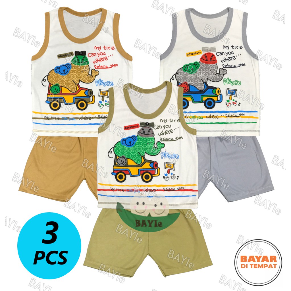 BAYIe - 3 SET Setelan Kaos Oblong Bayi / Anak KUTUNG PUTIH Motif GAJAH MAKAYLA umur 3 - 18 bulan