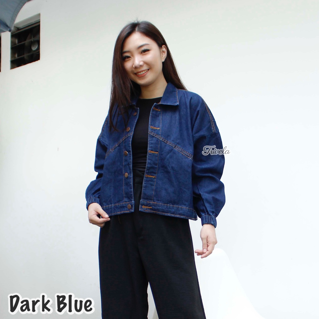 TRIVELA - Jaket Jeans Oversized Karet / Jaket Jeans Vintage Karet / Jaket Vintage Warna Wanita / Jaket Jeans Retro