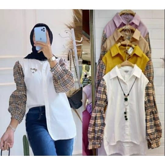 BEFAST - ZEC OOTD Wanita Blouse ECHA / Lia Combi Tartan / Blouse Combi Motif / Atasan Lengan Panjang / Blouse Combinasi / Blouse Casual Wanita / Blouse Kerja / Blouse Kekinain 2022 / Blouse Remaja Terbaru