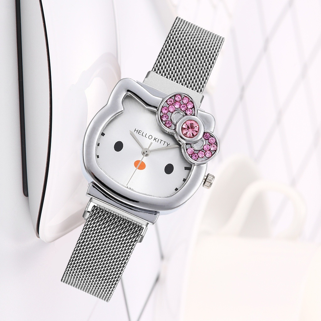 JAM TANGAN WANITA KECIL RANTAI SILVER KITTY JAM100S3 STAINLESS BESI CEWEK MURAH ORIGINAL IMPORT PESTA MEWAH BRANDED KEKINIAN SIMPLE LUCU KOREA