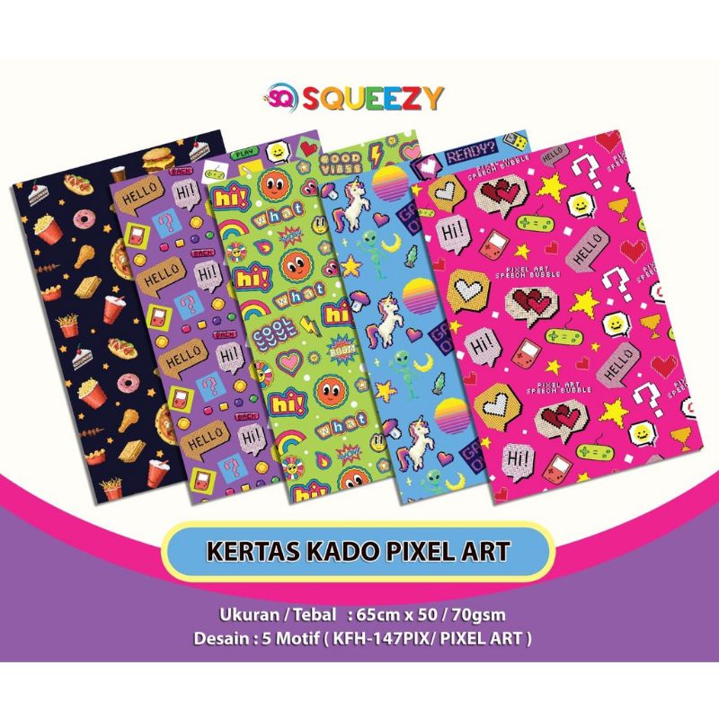 

KERTAS KADO SQUEEZY ISI 5 MOTIF/5 LEMBAR 65CM X 50CM PIXEL ART