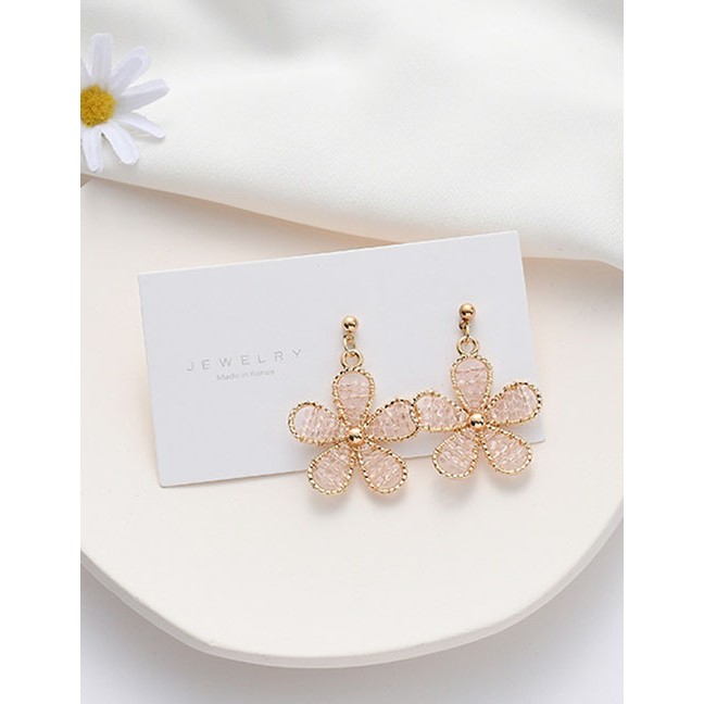 LRC Anting Tusuk Fashion White Pink Crystal Woven Hollow Flower K15915