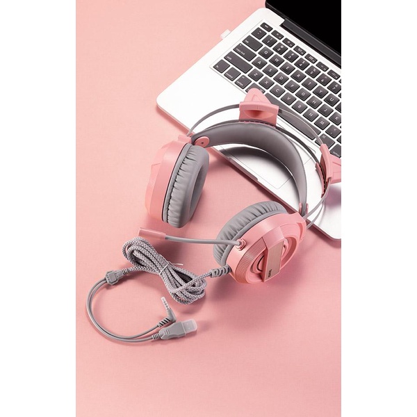 MINIGO GAMEN Headset Earphone Headphone Gaming PINK KITTY Cat Ear GH1100 Pink LED RGB Lighting Original Bass - Garansi 1 Tahun ONIKUMA