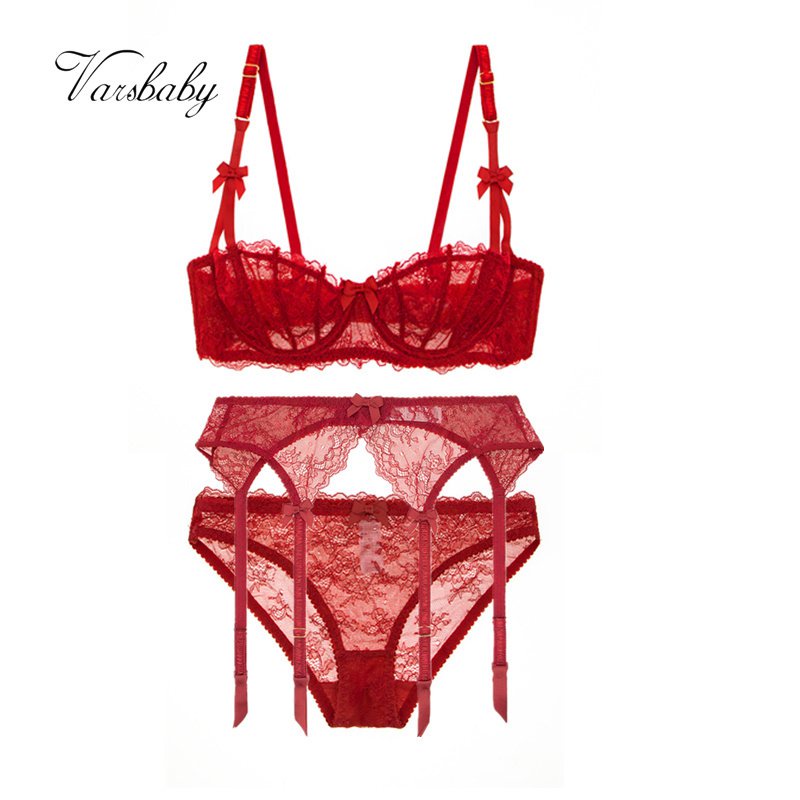 【 3 PCS】Sexy lace half cup plus size bra set dark red white wedding underwear