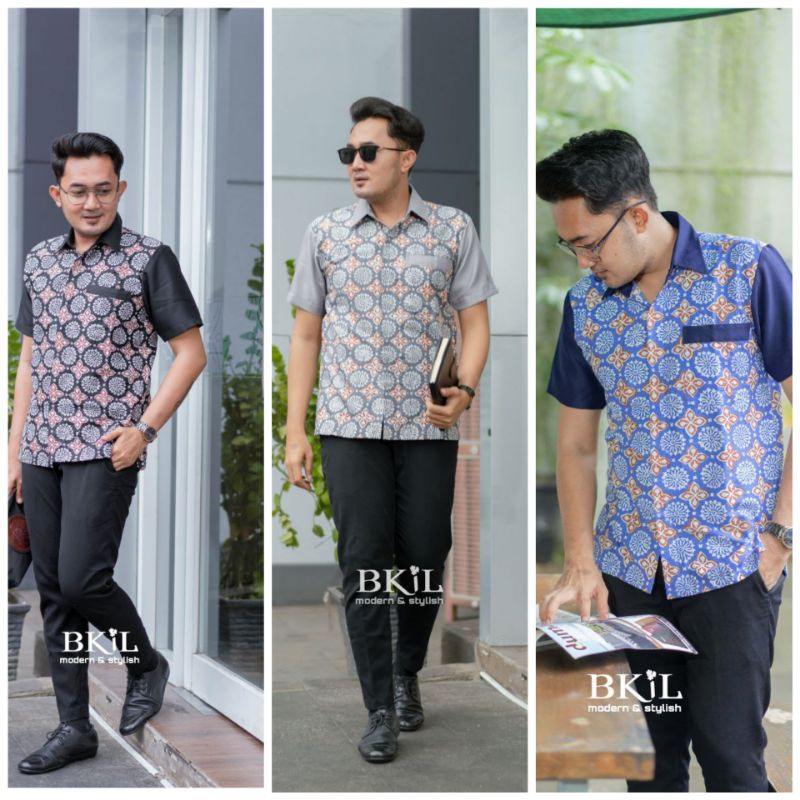 BKiL new atasan hem batik cowok lengan pendek polos kombinasi motif batik hitam biru dongker navy na