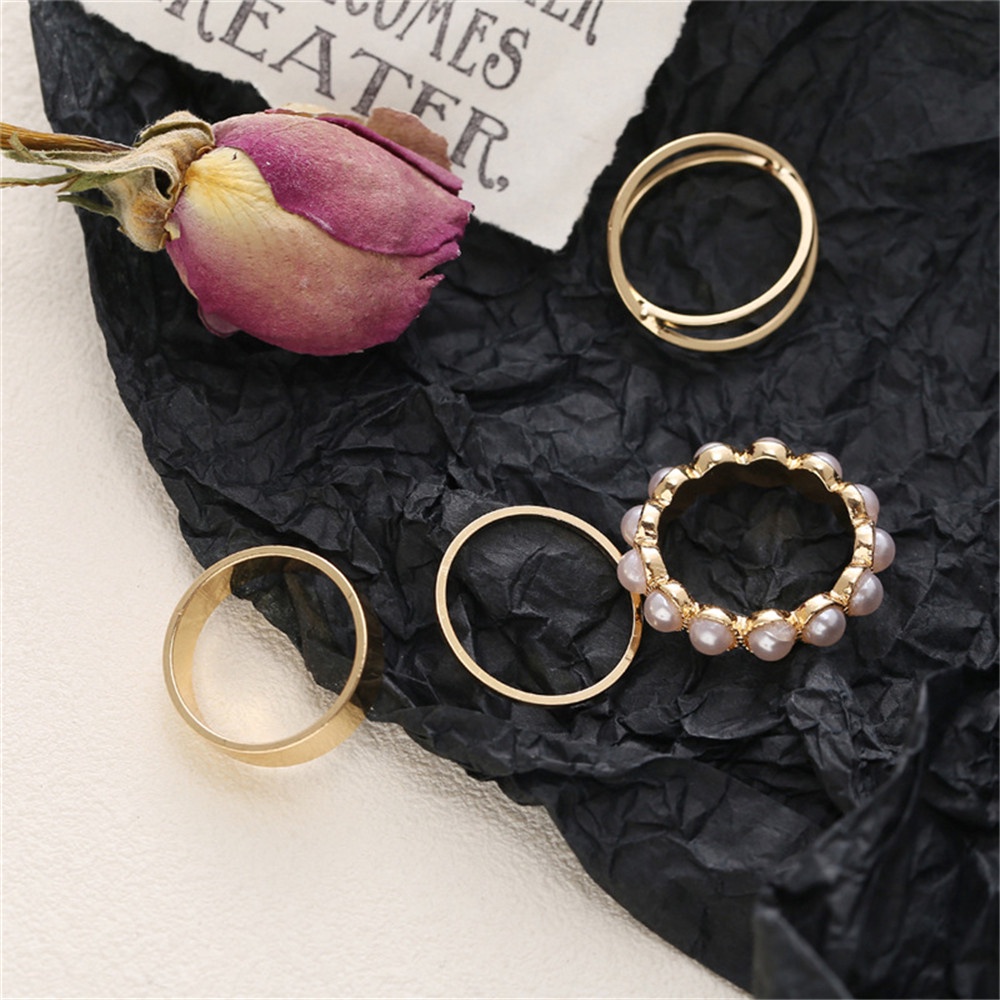 Cincin Set Fashion 4 pcs/set Retro Mutiara Kecil Lingkaran Bersilang Korea Dalika