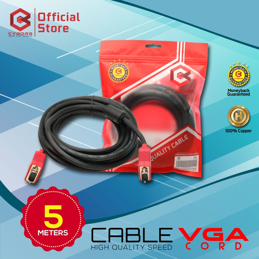 CYBORG Kabel VGA 5 Meter - VGA Cable 5m - Gold Plated
