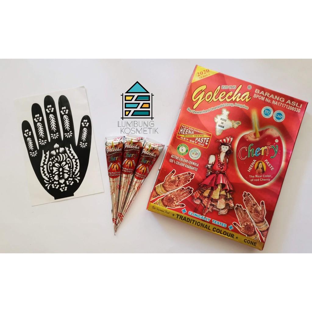 Paket Henna + Cetakan Tangan Henna Golecha Merah Cherry Original Ecer