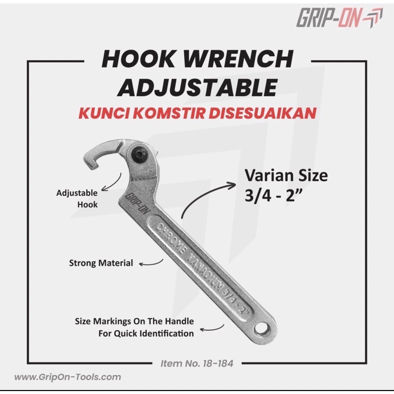 GRIP-ON  HOOK WRENCH ADJUSTABLE - KUNCI  KOMSTIR  FLEKSIBEL 3/4X2inch/alat bengkel