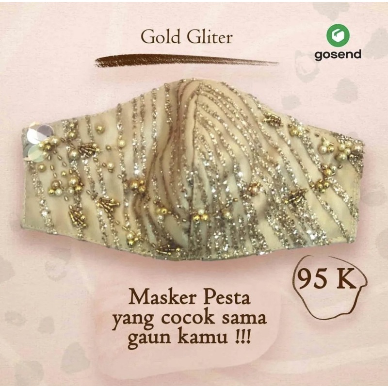 Masker Kain 3ply Pesta | Satin Brokat Glitter Gold