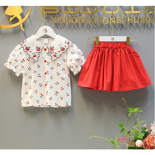 SETELAN ANAK CEWEK IMPORT / BAJU ROK MOTIF CHERRY RED