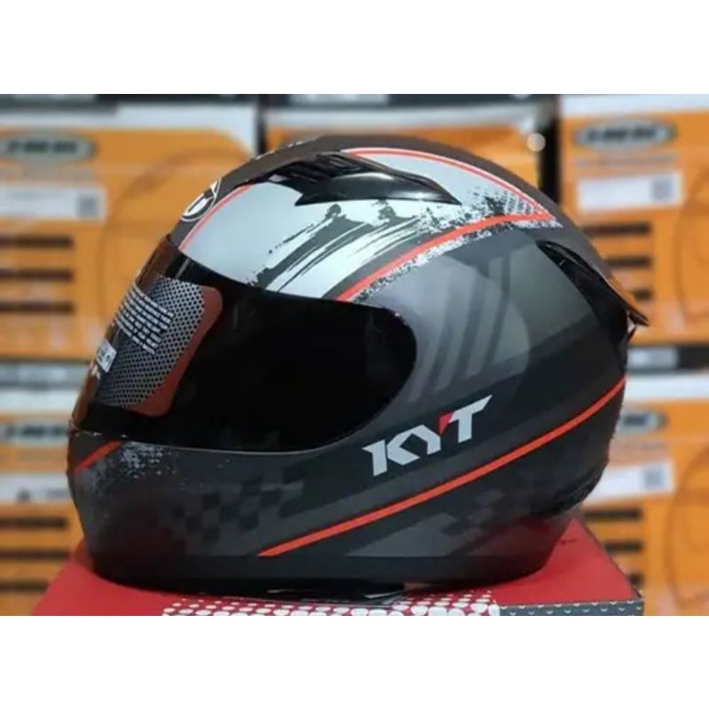 Helm Kyt R10 Seri 3 Black/White/Red Dengan Black/Aqua Blue Kaca Flat Visor Iridium Blue,Gold,Silver-#4 gmdop/red