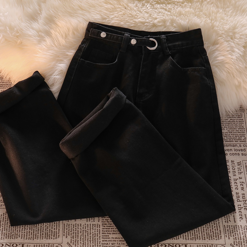 Warna Hitam Highwaist Loose Kasual Celana Jeans Panjang Wanita