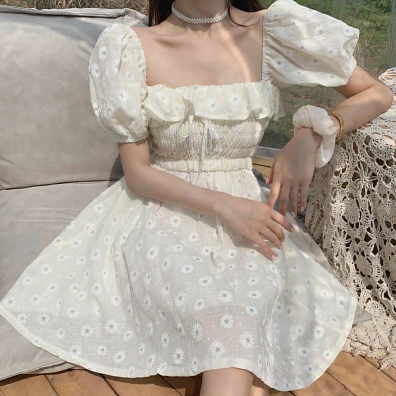 casual dress dengan motif flower kecil putih dress putih bahan katun dengan furing CODE TG49-780