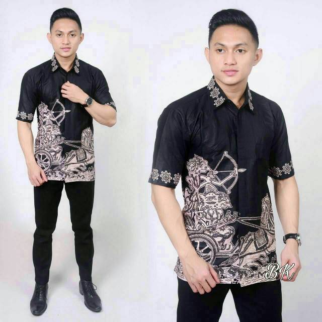 Terlaris Kemeja Batik Pria Lengan Pendek Hitam Manis Motif Wayang Memanah weB07miJYOay6