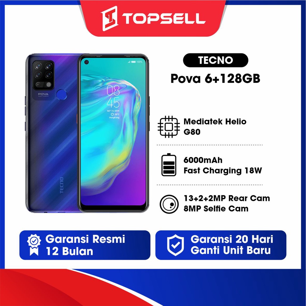 Tecno - POVA - 6GB+128GB Octa Core G80 2.0GHZ 6000mAh Garansi Resmi 1 Tahun