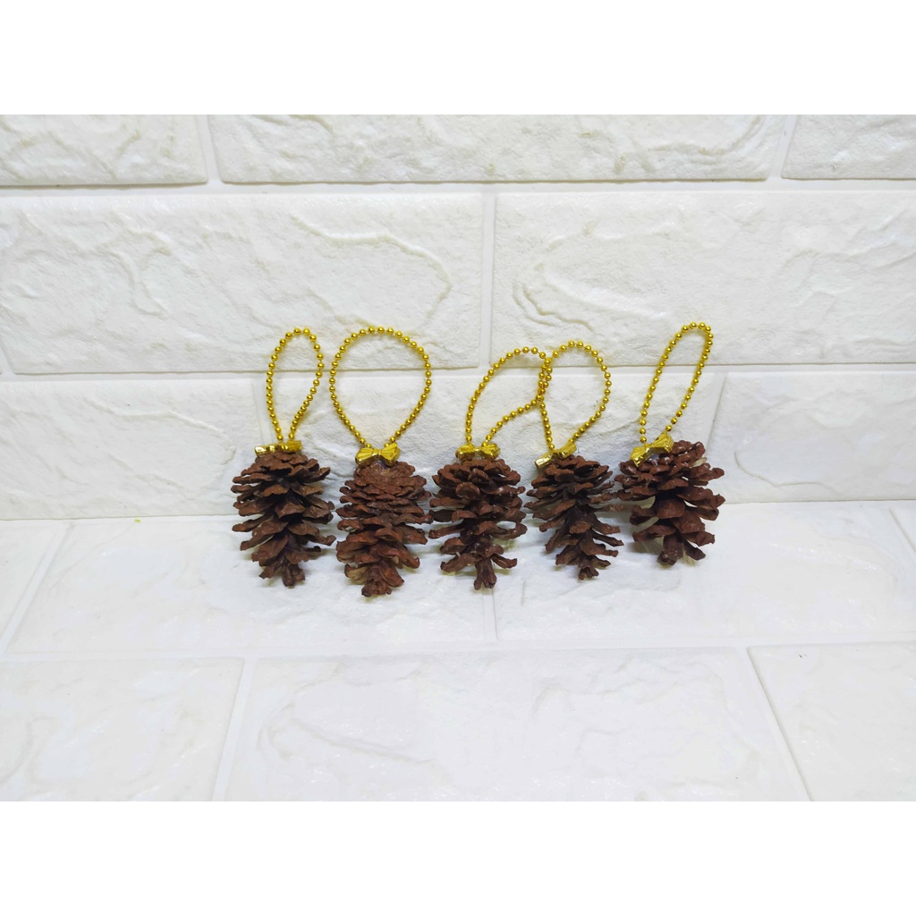 (5 pcs) Gantungan Pinus Pita Metal Gold - Gantungan Hiasan Pohon Natal