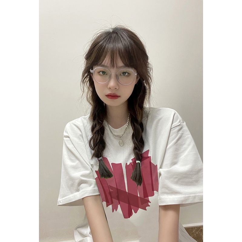 lengan pendek t-shirt wanita oversize love printed putih kaos korean style baju wanita atasan