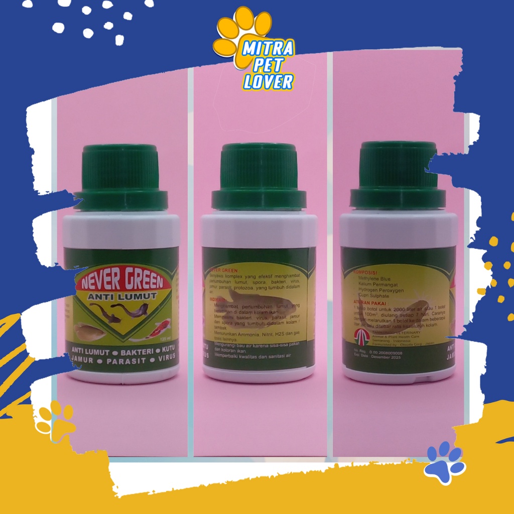 OBAT CAIR ANTI LUMUT UNTUK AIR KOLAM - NEVER GREEN 125 ML - BASMI JAMUR BAKTERI VIRUS SPORA , ORGANIK PERBAIKI KWALITAS AIR-- MURAH GARANSI ORIINAL PET ANIMAL HEALTHCARE VETERINARY TAMASINDO OBAT KESEHATAN &amp; VITAMIN HEWAN BINATANG PELIHARAAN MITRAPETLOVER