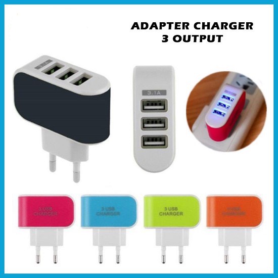 Adaptor Charger 3 Output Kepala Batok Travel Adapter Casan Port USB 3.1A Warna Colokan 3in1 Murah CHARGER MOBIL