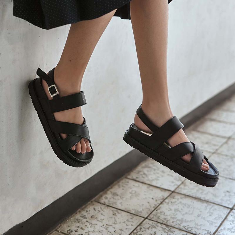 Bos - Sandal Wedges Tali Wanita Sendal Casual Putih Hitam Original Premium Distro