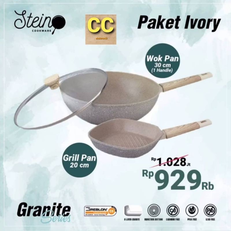 Paket stein cook ware steincookware carrara ivory wajan panci wok