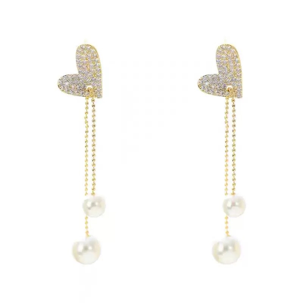 【COD Tangding】 Anting Tusuk Gantung Bentuk Hati Aksen Rumbai Mutiara Imitasi Untuk Wanita
