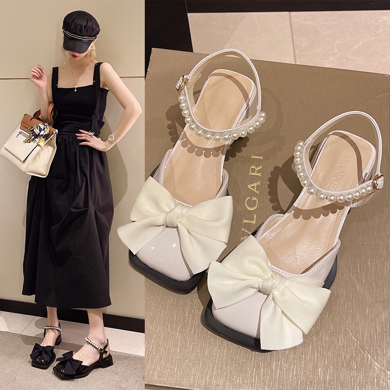 2677 Sandal wanita, sepatu mutiara, pita besar, tinggi 3.5CM