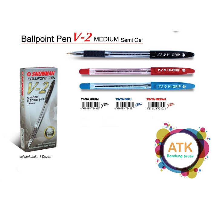

Pulpen Snowman V-2 HI-Grip Medium Tip 1.0 mm Tinta Biru Hitam Merah