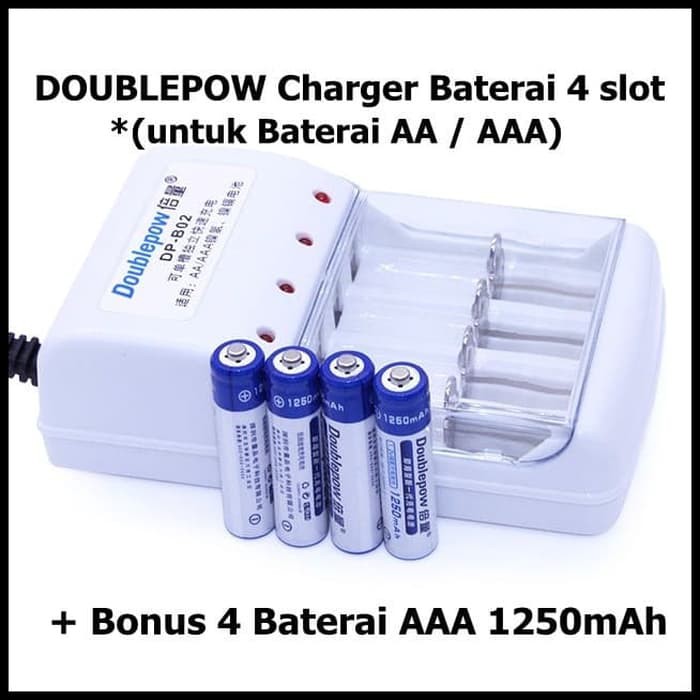 DOUBLEPOW Charger Baterai 4 slot AA AAA Plus Bonus 4 PCS AAA Battery 1250mAh