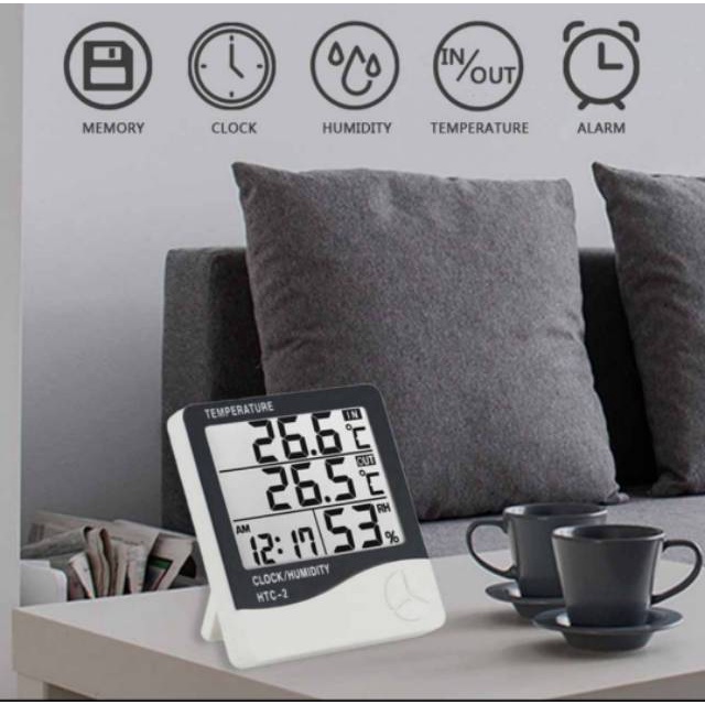 HTC2 Termometer Suhu Higrometer Clock Temperatur Humidity Meter Kelembapan Ruangan Kantor HTC 2