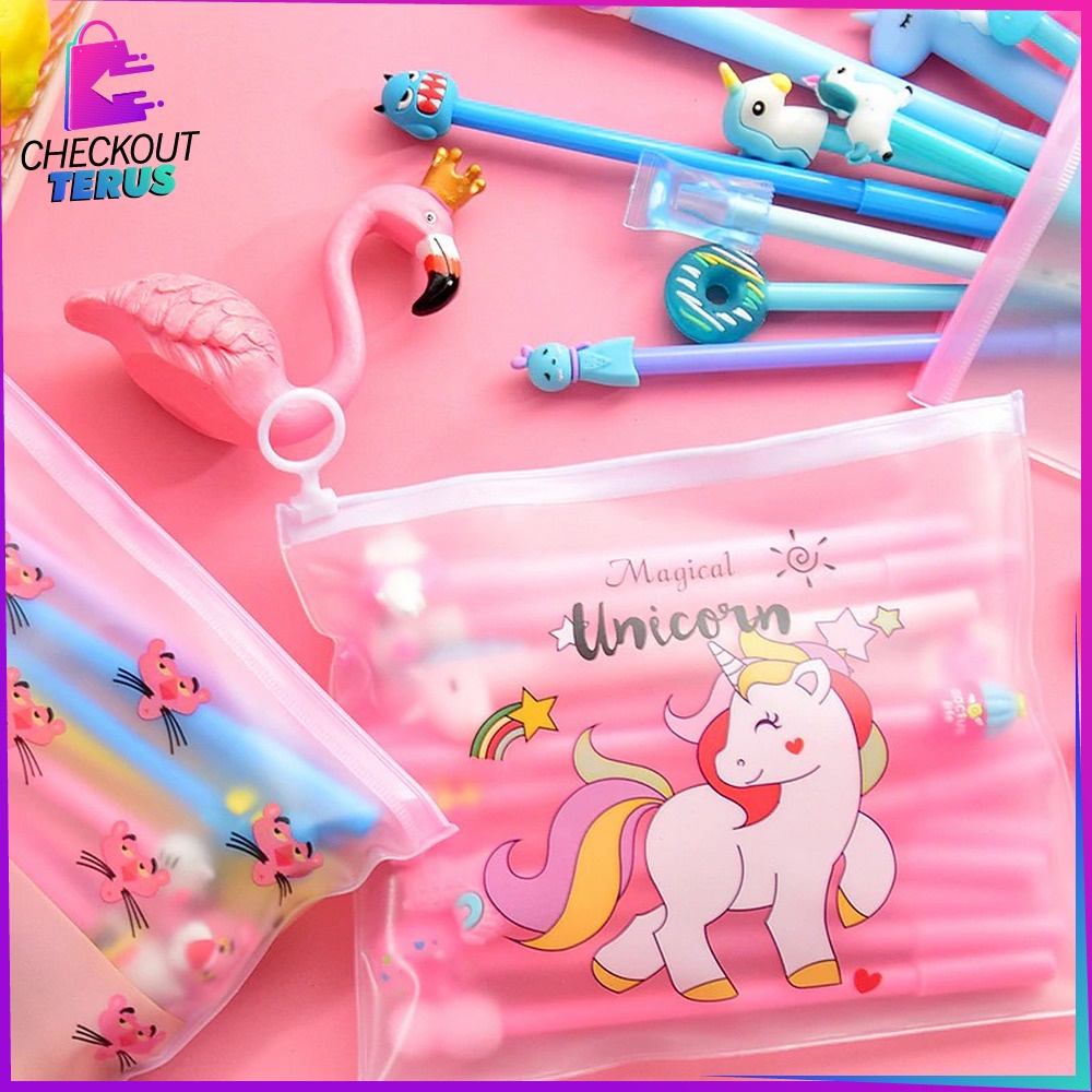 CT A15 Pulpen Gel Karakter Lucu Set Isi 20PCS Pulpen dengan Tempat Pensil Transparan Alat Tulis Stastionary Pena FREE Zipper Pouch