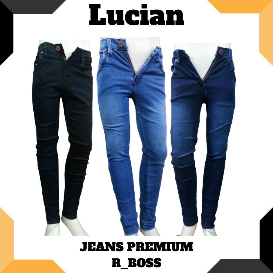 Jeans/celana premium R-BOSS pria polos biru navy hitam ukuran 28-33