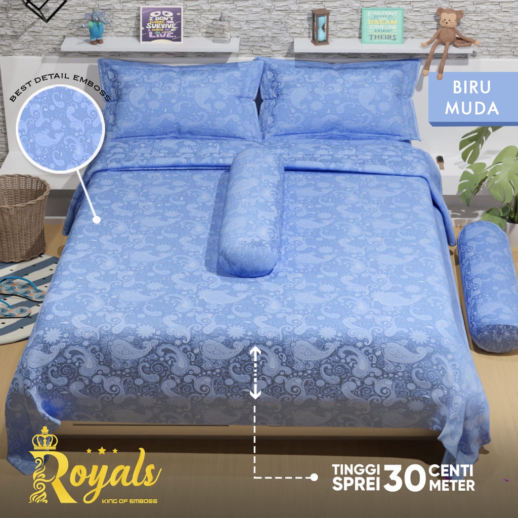 Royals Emboss BedCover SET Sprei Uk 160/180 - Biru Muda