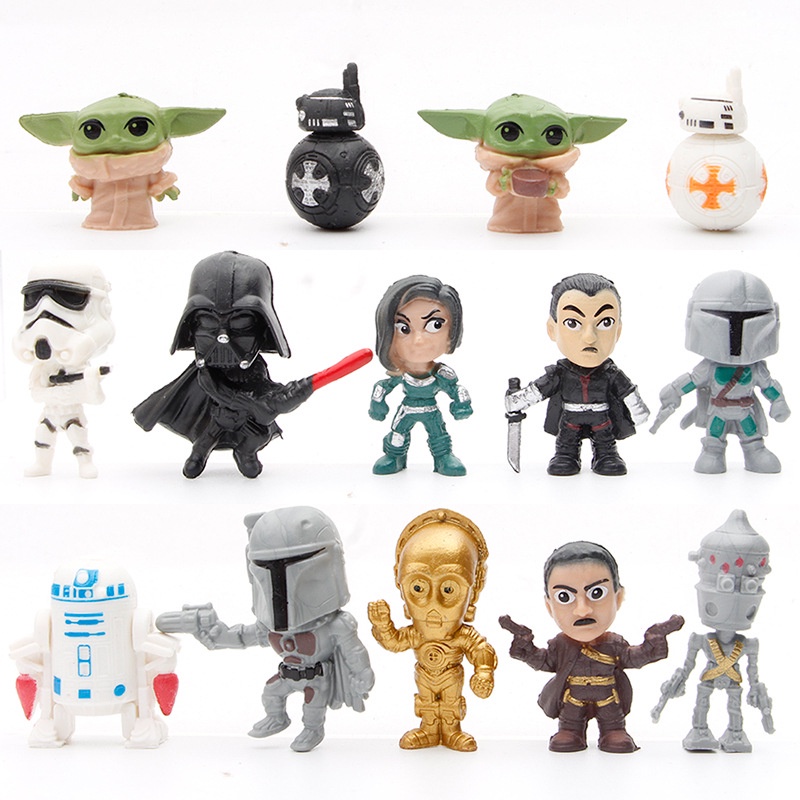 14pcs / Set Mainan Action Figure Star Wars The Mandalorian Yoda Baby BB8 Darth Vader Untuk Koleksi / Hadiah Anak