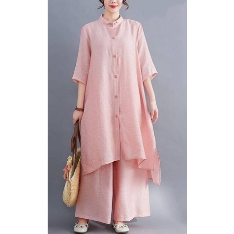 Cuci Gudang Titan Set / Setelan Katun Linen Terbaru / Atasan Long Tunik + Celana Kulot / Fashion