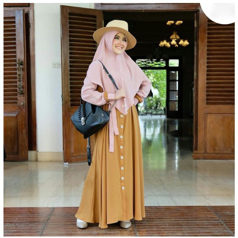 Baju Dress Gamis Syari Busui Kancing Depan Dapat FREE Plus Hijab Jilbab Kerudung Ibu Wanita Perempua