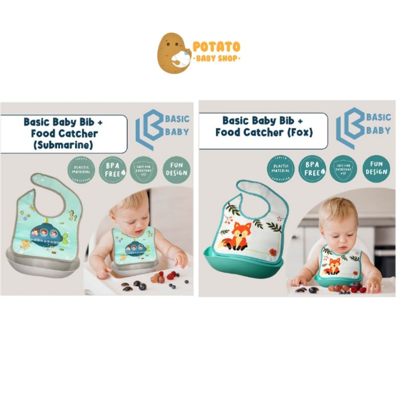 Basic Baby Bib + Food Catcher Fox &amp; Submarine - Celemek Bayi