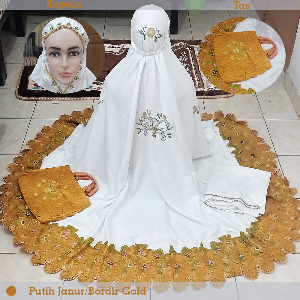 Mukena Exclusif Dewasa Sutra Dove Putih Bordir Warna
