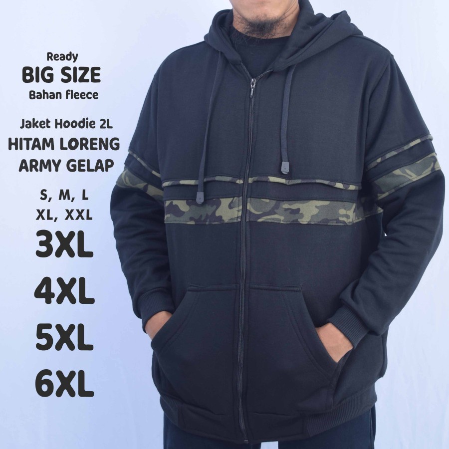 Jaket Hoodie 2L Hitam Loreng Army Gelap Pria Jumbo Big Size - Hitam,