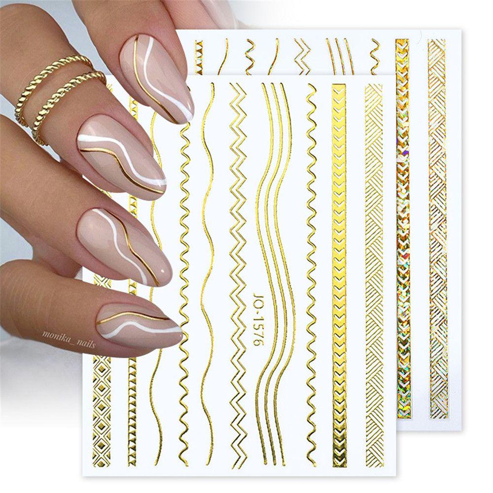 Solighter 3DNail Stiker Garis Emas Wave Stripe Nail Art Dekorasi