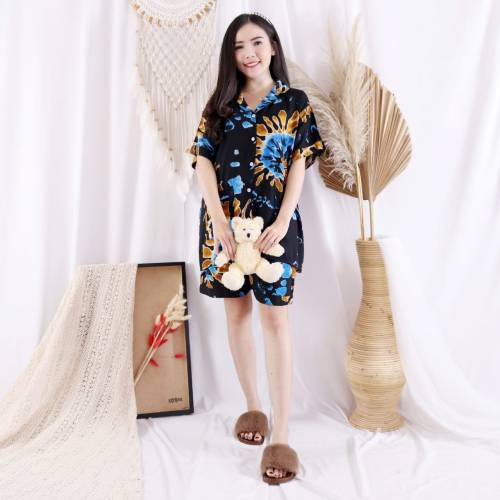 Setelan Piyama Wanita Pendek Motif Tie Dye One Set Rayon Baju Tidur Cewe DARTI HP Jumbo XXL-ELVI BIRU