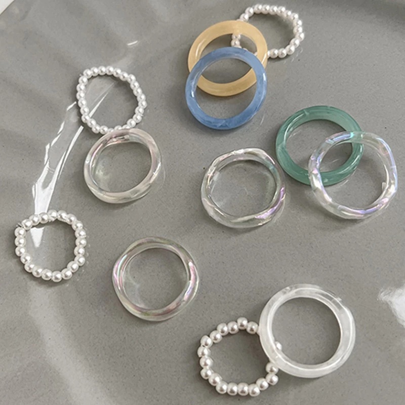 3pcs / Set Cincin Jari Elastis Bahan Akrilik Resin Aksen Mutiara Gaya Korea Untuk Wanita