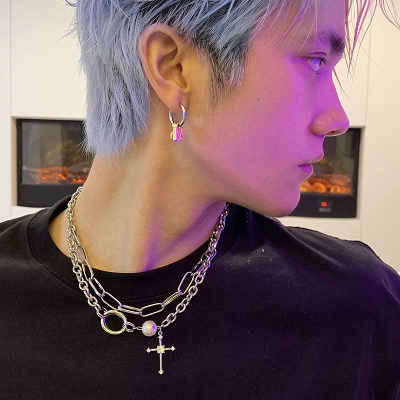 Korean Punk Double Necklace Fashion Hip-hop Pearl Cross Pendant Unisex